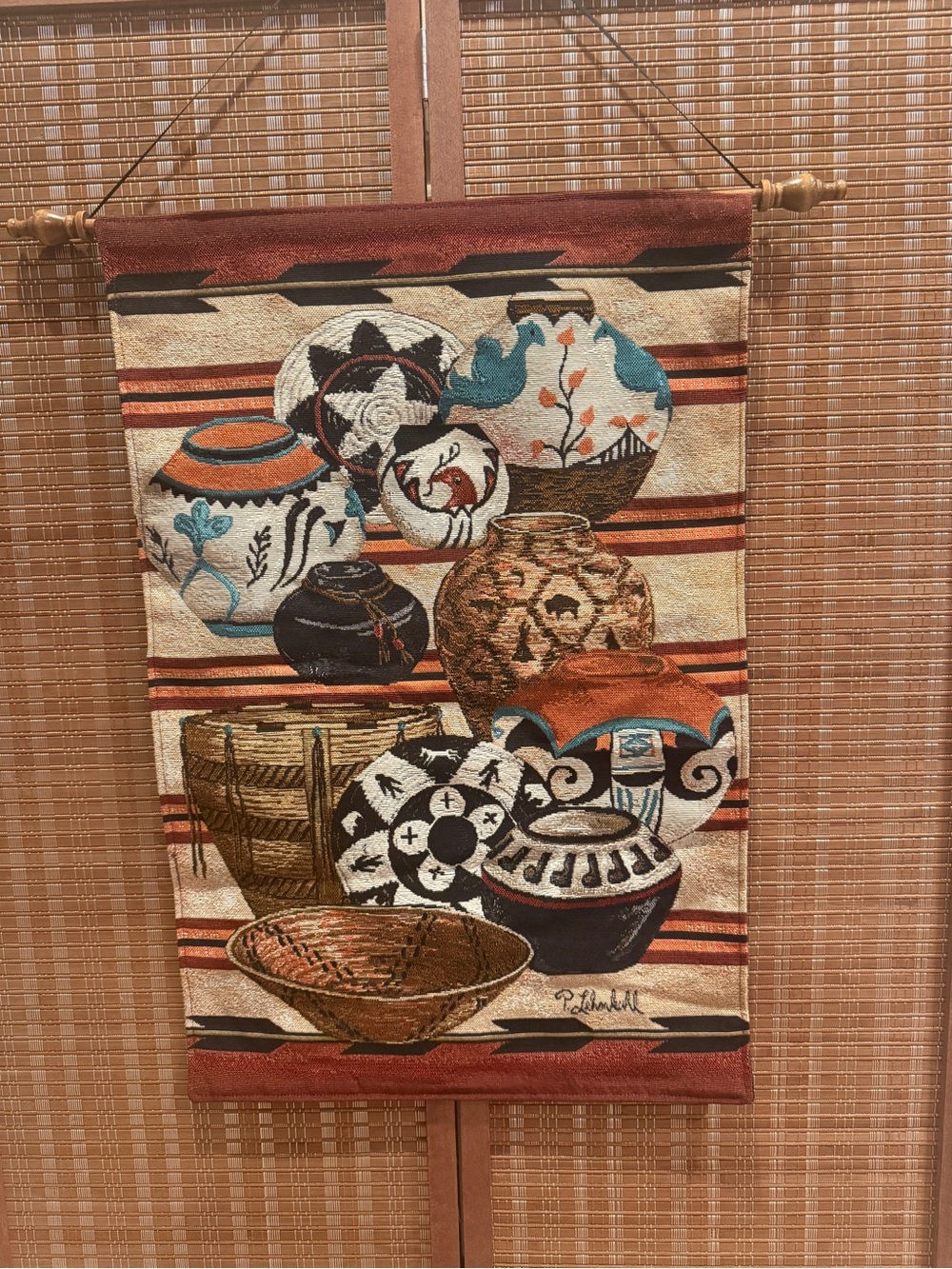 Vintage P. Lehman Woven Southwestern Pottery Tapestry Wall Hanging Decor